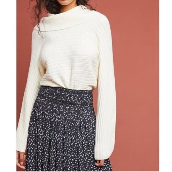 MOTH Anthropologie Cream Ribbed Turtleneck Knit Sweater - Picture 1 of 7